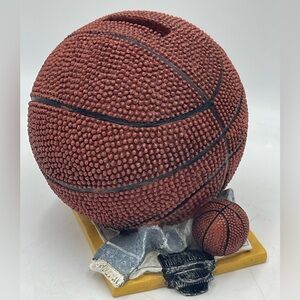 Vintage Resin Basketball Coin Bank: Realistic Shaped Ball w/Whistle & Clip Board
